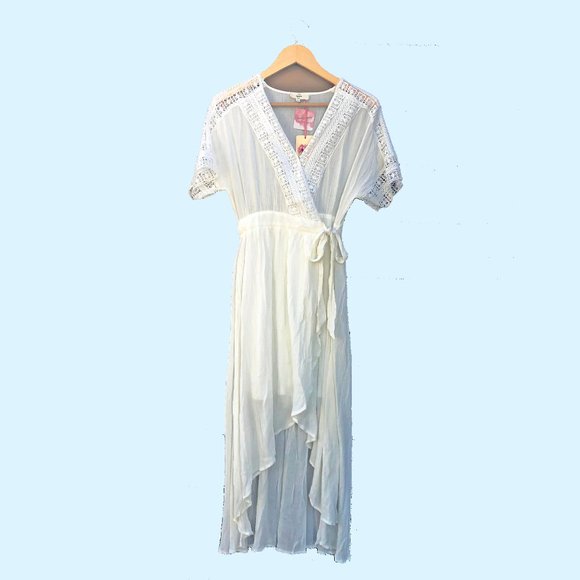 entro Dresses & Skirts - Entro White Wrap Dress Crochet Trim Small NWT